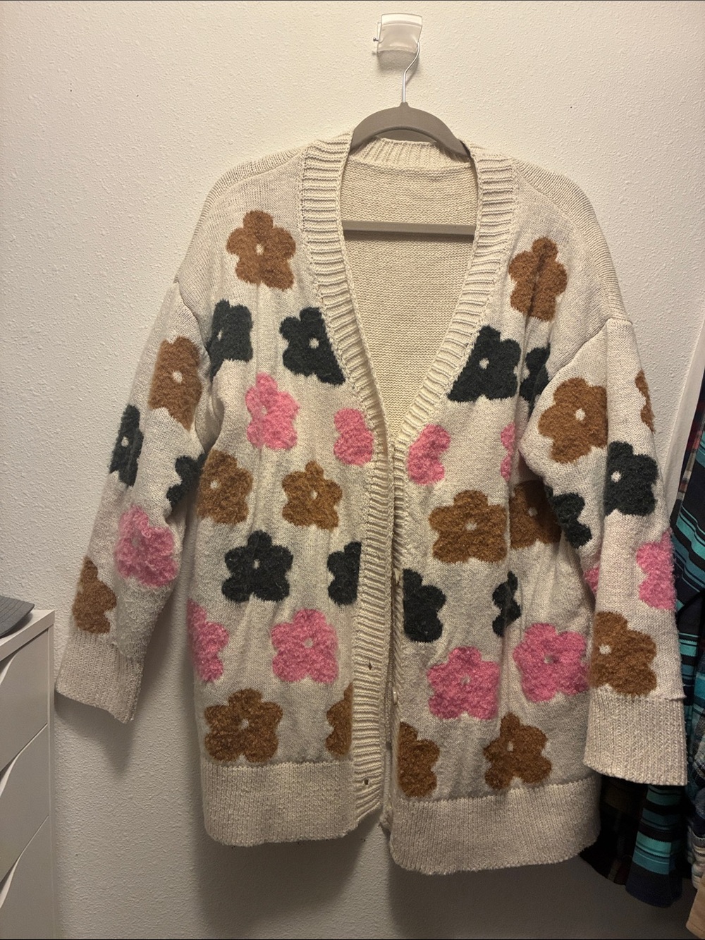 SHEIN Cream Open-Front Floral Cardigan with Pink, Brown, Black Flowers